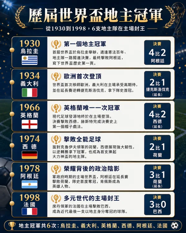 1930起世界盃地主國表現:東道主的榮耀與壓力 2 歷屆世界盃地主冠軍
