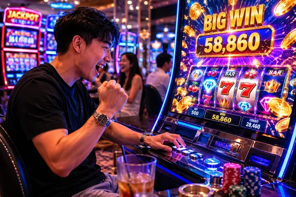 百家樂適合新手嗎?與其他經典賭場遊戲深度對比 3 在玩老虎機的玩家 示意圖