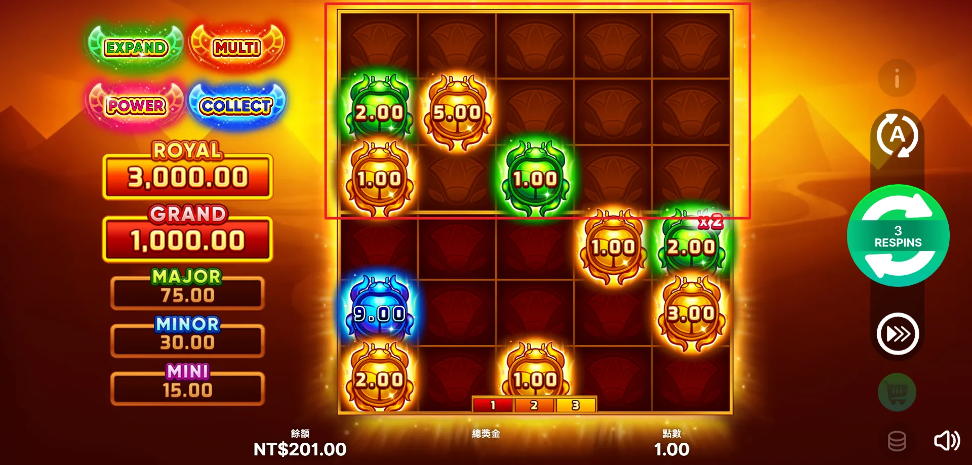 BNG 4聖甲蟲財寶遊戲評價|新老虎機上架|MBM娛樂試玩心得 12 上方三欄位的盤面要轉到EXPAND綠色聖甲蟲才會增加